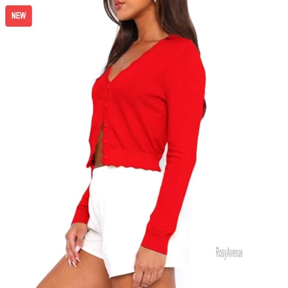 Long Sleeve Cropped Cardigan V Neck Button Down Lightweight Knit Sweater - Picture 2 of 4